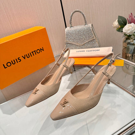 LV 26S SLINGBACK PUMPS 55 MM IN BEIGE BROWN FABRIC AND CALFSKIN