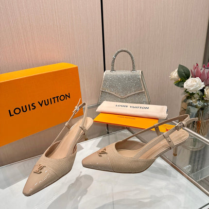 LV 26S SLINGBACK PUMPS 55 MM IN BEIGE BROWN FABRIC AND CALFSKIN