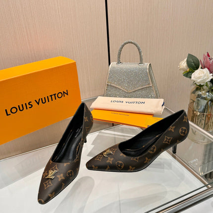 LV 26S POINTED-TOE HIGH HEELS 55 MM IN DARK BROWN COATED CANVAS