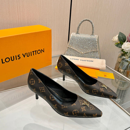 LV 26S POINTED-TOE HIGH HEELS 55 MM IN DARK BROWN COATED CANVAS