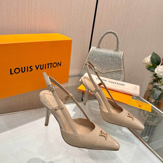 LV 26S SLINGBACK PUMPS 90 MM IN BEIGE BROWN FABRIC AND CALFSKIN