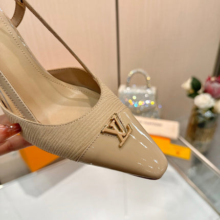 LV 26S SLINGBACK PUMPS 90 MM IN BEIGE BROWN FABRIC AND CALFSKIN