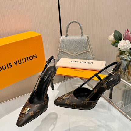 LV 26S SLINGBACK PUMPS 90 MM IN DARK BROWN COATED CANVAS