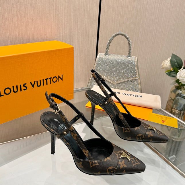 LV 26S SLINGBACK PUMPS 90 MM IN DARK BROWN COATED CANVAS