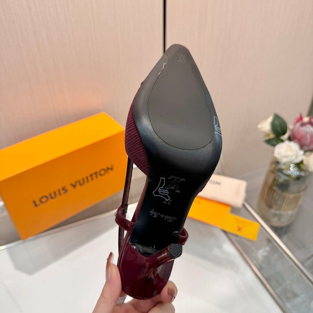 LV 26S SLINGBACK PUMPS 90 MM IN DARK RED FABRIC AND CALFSKIN