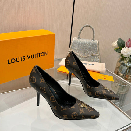 LV 26S POINTED-TOE HIGH HEELS 90 MM IN DARK BROWN COATED CANVAS