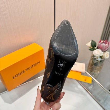 LV 26S POINTED-TOE HIGH HEELS 90 MM IN DARK BROWN COATED CANVAS