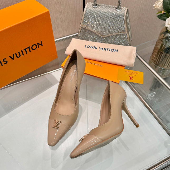 LV 26S POINTED-TOE HIGH HEELS 90 MM IN BEIGE BROWN CALFSKIN