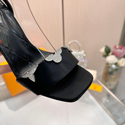 LV 26S HIGH-HEELED SANDALS 90 MM IN BLACK SATIN