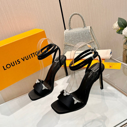 LV 26S HIGH-HEELED SANDALS 90 MM IN BLACK SATIN