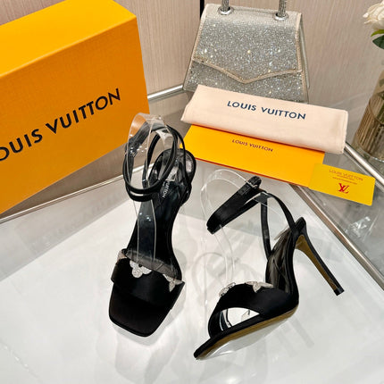 LV 26S HIGH-HEELED SANDALS 90 MM IN BLACK SATIN