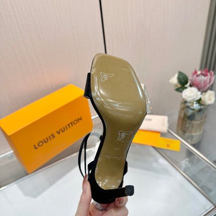 LV 26S HIGH-HEELED SANDALS 90 MM IN BLACK SATIN