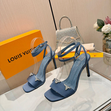 LV 26S HIGH-HEELED SANDALS 90 MM IN DUSTY BLUE SATIN