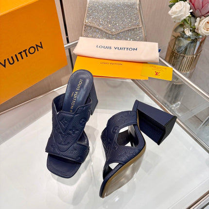 LV 26S HIGH-HEELED SANDALS 90 MM IN DARK SLATE BLUE CALFSKIN