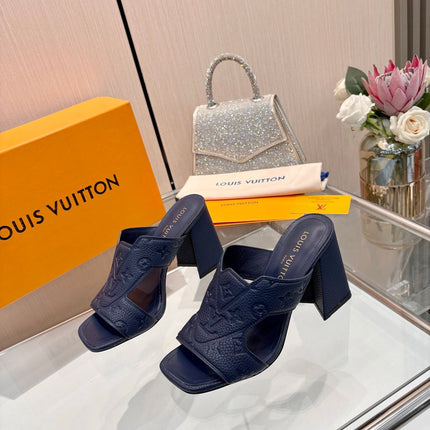 LV 26S HIGH-HEELED SANDALS 90 MM IN DARK SLATE BLUE CALFSKIN