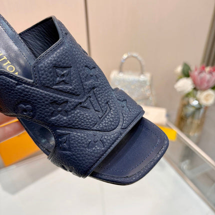 LV 26S HIGH-HEELED SANDALS 90 MM IN DARK SLATE BLUE CALFSKIN