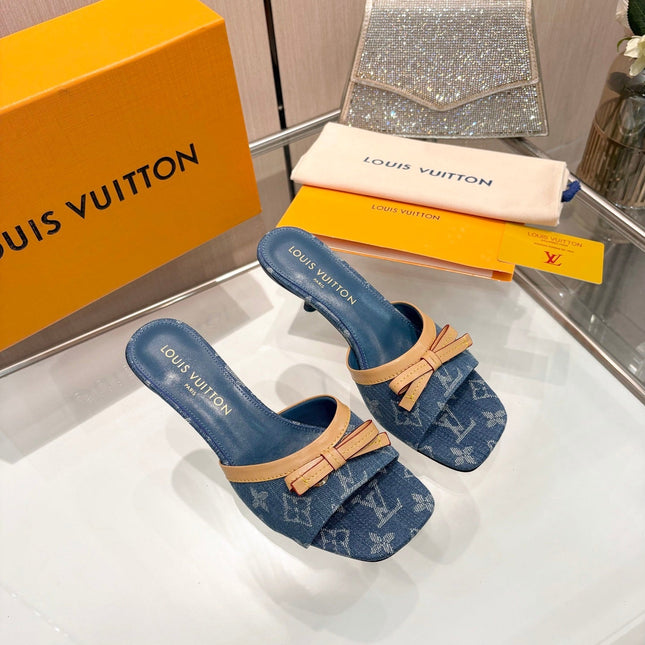 LV 26S HIGH-HEELED MULES 55 MM IN BLUE DENIM