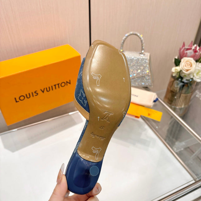 LV 26S HIGH-HEELED MULES 55 MM IN BLUE DENIM