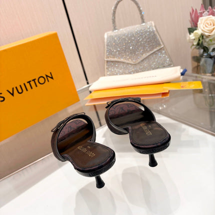 LV 26S HIGH-HEELED MULES 55 MM IN MUTED PLUM BROWN MONOGRAM CANVAS