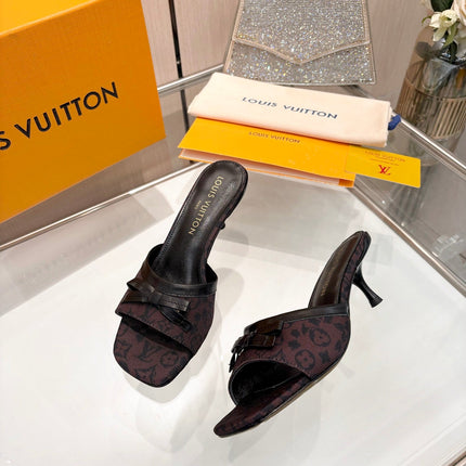 LV 26S HIGH-HEELED MULES 55 MM IN MUTED PLUM BROWN MONOGRAM CANVAS