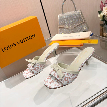 LV 26S HIGH-HEELED MULES 55 MM IN WHITE AND LIGTH PINK MONOGRAM CANVAS