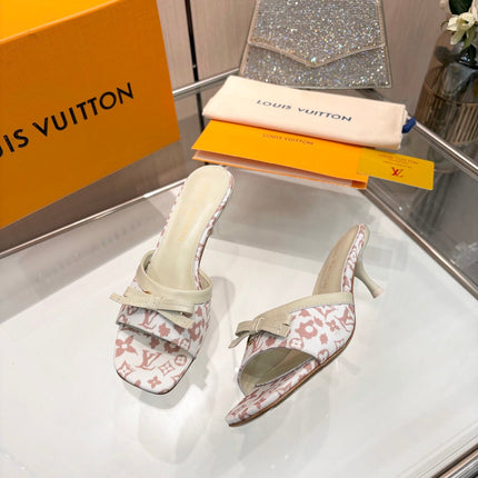 LV 26S HIGH-HEELED MULES 55 MM IN WHITE AND LIGTH PINK MONOGRAM CANVAS