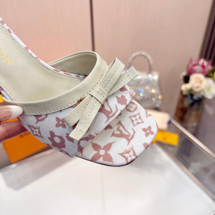 LV 26S HIGH-HEELED MULES 55 MM IN WHITE AND LIGTH PINK MONOGRAM CANVAS