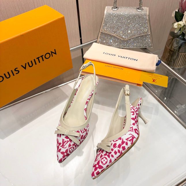 LV 26S BOW-DETAIL SLINGBACK PUMPS 55 MM IN WHITE AND PINK MONOGRAM CANVAS