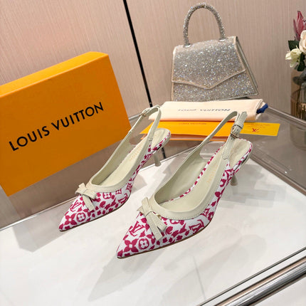LV 26S BOW-DETAIL SLINGBACK PUMPS 55 MM IN WHITE AND PINK MONOGRAM CANVAS