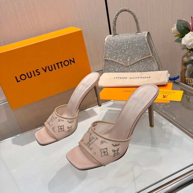 LV 26S MULE HEELS 90 MM IN BEIGE FABRIC AND LAMBSKIN
