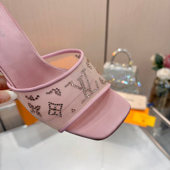 LV 26S MULE HEELS 90 MM IN LIGHT PINK FABRIC AND LAMBSKIN