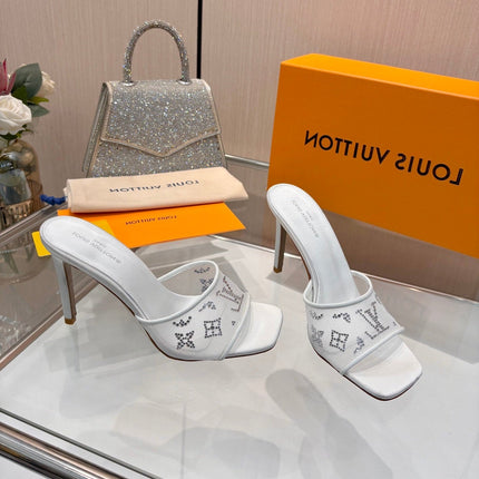 LV 26S MULE HEELS 90 MM IN WHITE FABRIC AND LAMBSKIN