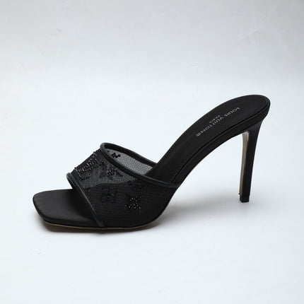 LV 26S MULE HEELS 90 MM IN BLACK FABRIC AND LAMBSKIN