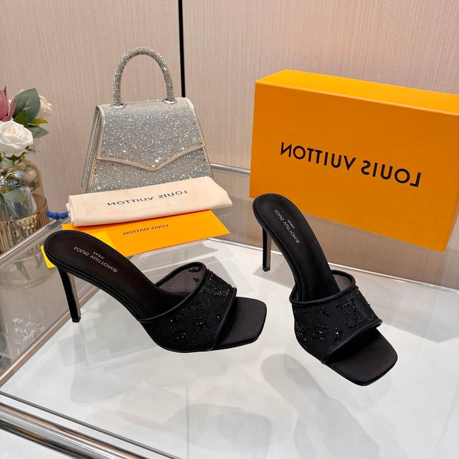 LV 26S MULE HEELS 90 MM IN BLACK FABRIC AND LAMBSKIN