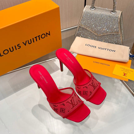 LV 26S MULE HEELS 90 MM IN RED FABRIC AND LAMBSKIN