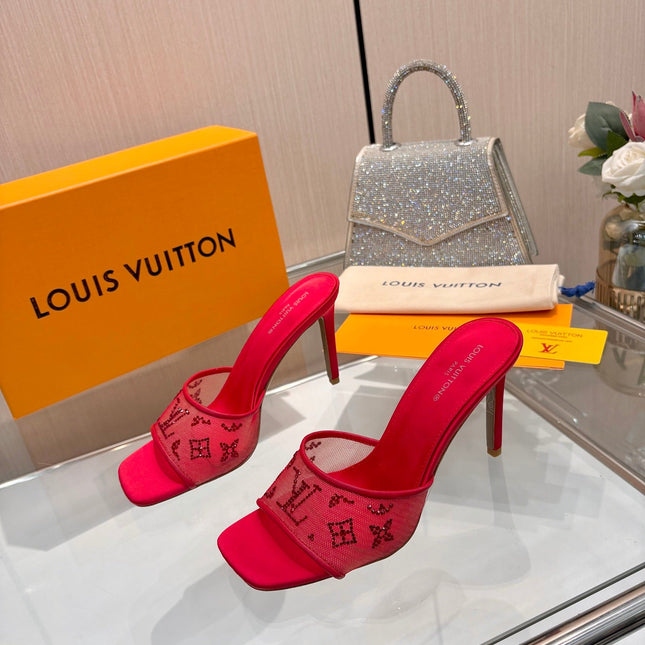 LV 26S MULE HEELS 90 MM IN RED FABRIC AND LAMBSKIN