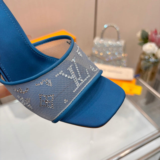 LV 26S MULE HEELS 90 MM IN OCEAN BLUE FABRIC AND LAMBSKIN