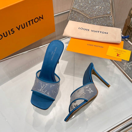 LV 26S MULE HEELS 90 MM IN OCEAN BLUE FABRIC AND LAMBSKIN