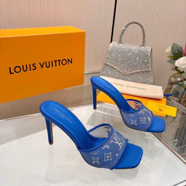 LV 26S MULE HEELS 90 MM IN NAVY BLUE FABRIC AND LAMBSKIN