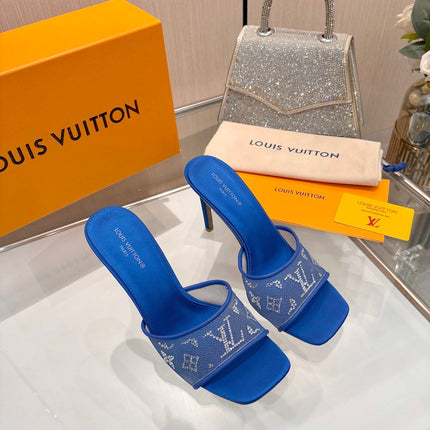 LV 26S MULE HEELS 90 MM IN NAVY BLUE FABRIC AND LAMBSKIN