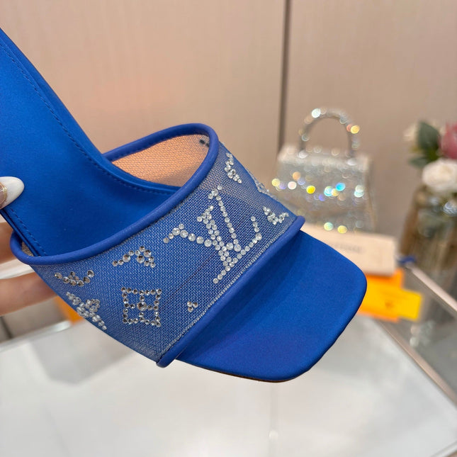 LV 26S MULE HEELS 90 MM IN NAVY BLUE FABRIC AND LAMBSKIN