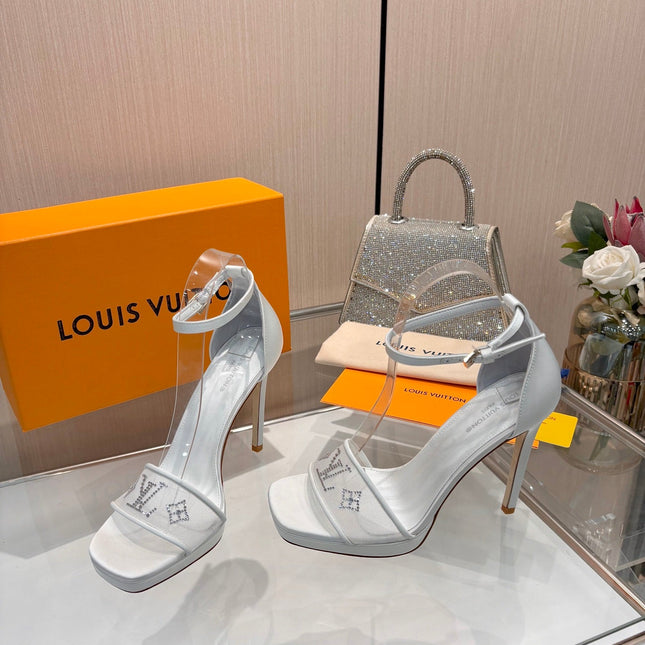 LV 26S HIGH HEEL SANDALS 110 MM IN WHITE FABRIC AND LAMBSKIN