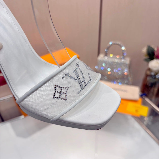 LV 26S HIGH HEEL SANDALS 110 MM IN WHITE FABRIC AND LAMBSKIN