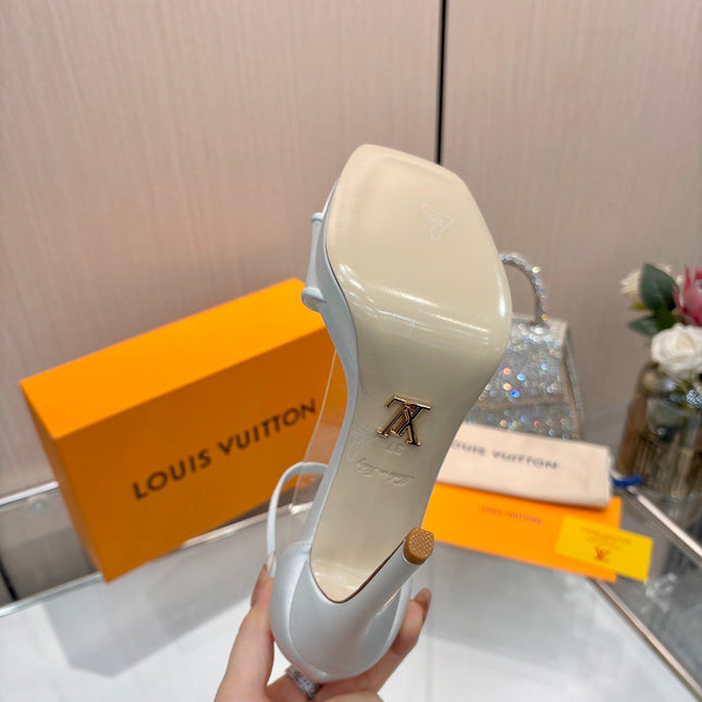 LV 26S HIGH HEEL SANDALS 110 MM IN WHITE FABRIC AND LAMBSKIN
