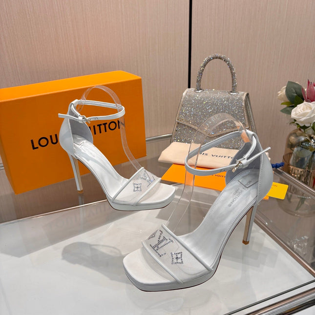 LV 26S HIGH HEEL SANDALS 110 MM IN WHITE FABRIC AND LAMBSKIN