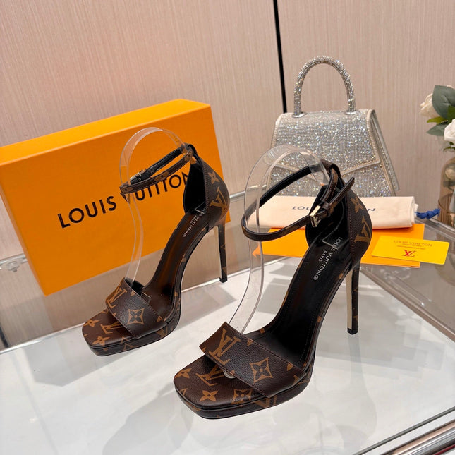 LV 26S HIGH HEEL SANDALS 110 MM IN DARK BROWN MONOGRAM CANVAS