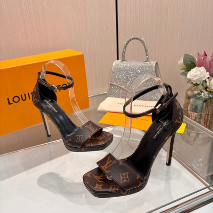 LV 26S HIGH HEEL SANDALS 110 MM IN DARK BROWN MONOGRAM CANVAS