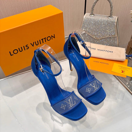 LV 26S HIGH HEEL SANDALS 110 MM IN NAVY BLUE FABRIC AND LAMBSKIN