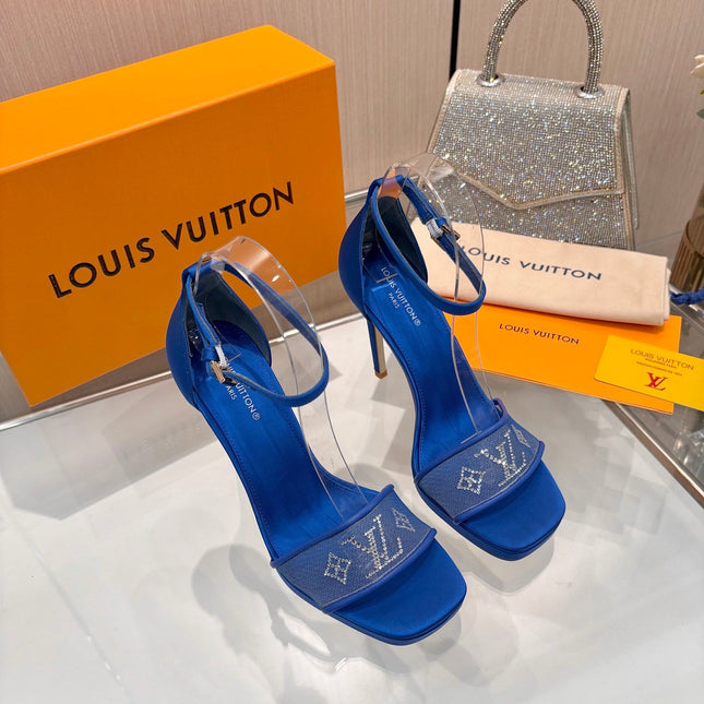LV 26S HIGH HEEL SANDALS 110 MM IN NAVY BLUE FABRIC AND LAMBSKIN