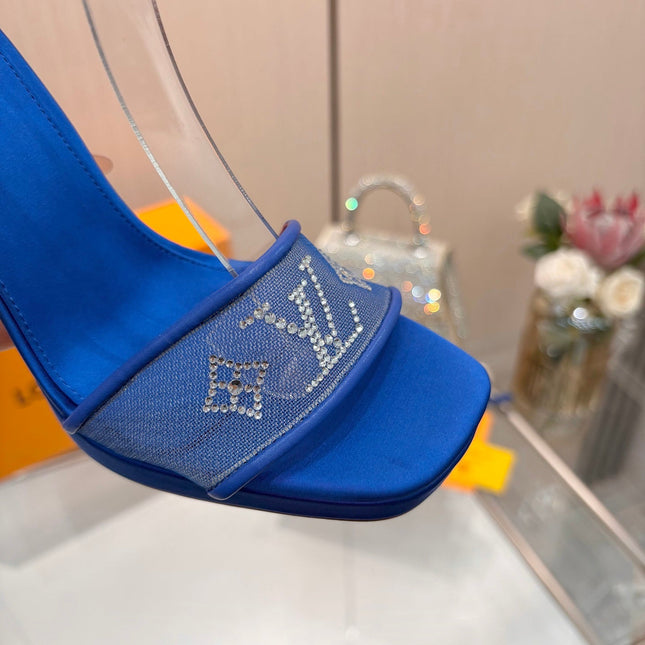 LV 26S HIGH HEEL SANDALS 110 MM IN NAVY BLUE FABRIC AND LAMBSKIN